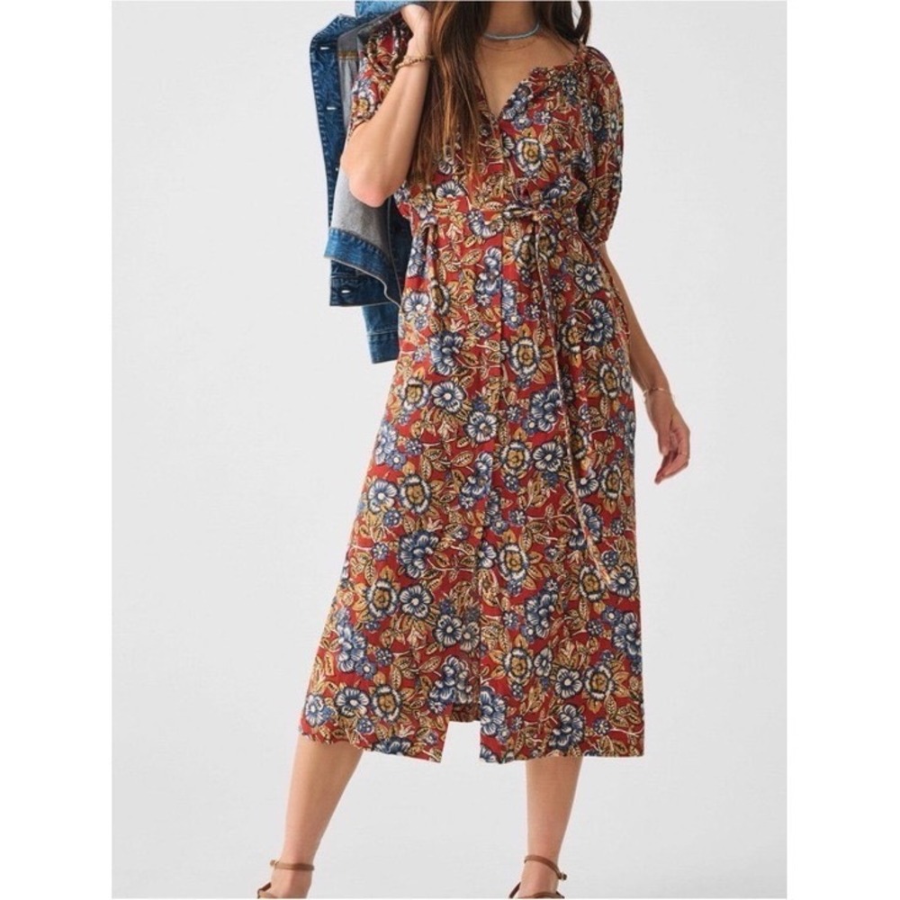 Faherty Carmel Linen Red Desert Blossom L Tie Pockets Peasant Hippie Flowy NWT